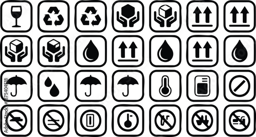 A comprehensive set of black and white packaging and shipping instruction icons for safe handling