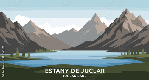 Serene mountain lake landscape with sharp peaks and calm blue water in a minimalist style