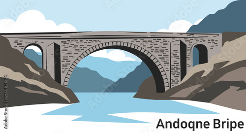 Stone arch bridge spanning a river with mountains in the background, stylized illustration