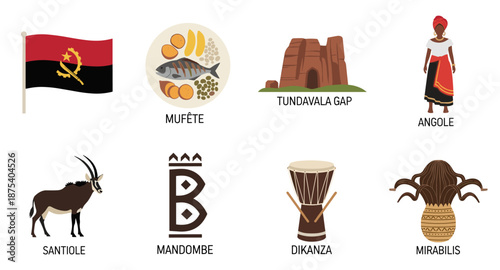Angola cultural symbols including flag, food, landmark, person, animal, and art