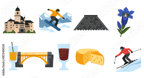 Collection of iconic Swiss symbols including a castle, cheese, and winter sports