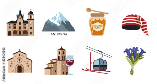 Collection of Andorra landmarks, culture, and nature icons for travel and tourism