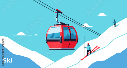 Red ski lift gondola transports skiers up a snowy mountain slope under a clear blue sky