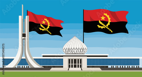 Angola's National Assembly building and flags waving proudly under a clear blue sky