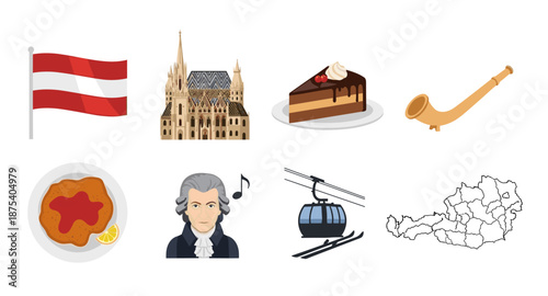 Iconic Austrian symbols including flag, architecture, food, music, and landscape