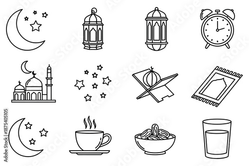 Ramadan and Islamic holiday line art icons featuring mosque lantern moon dates and prayer essentials vector collection