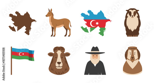 Azerbaijan symbols including map, flag, animals, and traditional man