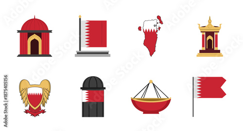 Bahrain national symbols and landmarks collection with flag and map