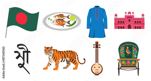 Collection of Bangladeshi cultural symbols including flag, food, clothing, and landmarks