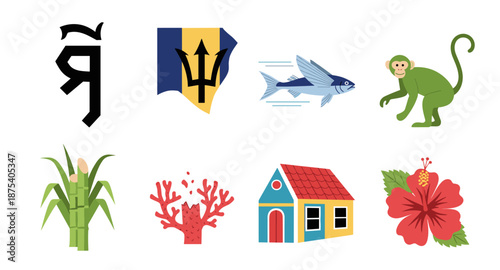 Barbados symbols: flag, flying fish, monkey, sugarcane, coral, house, hibiscus