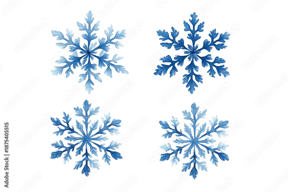 Fototapeta premium Four digitally created snowflakes with intricate patterns and blue watercolor style