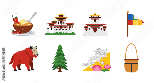 Bhutanese cultural symbols including dzongs, takin, dragon, and food