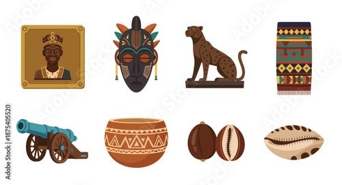 Collection of African cultural artifacts and symbols, including a portrait, mask, and statue