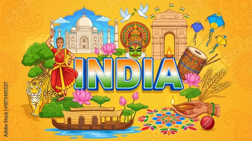 India Travel and Culture Concept - Colorful Illustration of Taj Mahal, Landmarks, and Traditional Symbols
