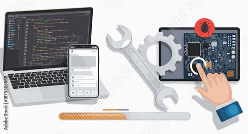 Digital technology repair and development concept with tools and bug icon