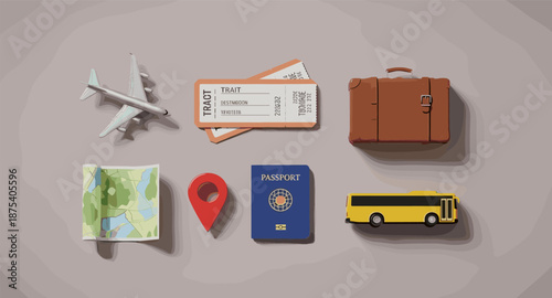 Travel essentials laid out flat: airplane, tickets, suitcase, map, pin, passport, and bus