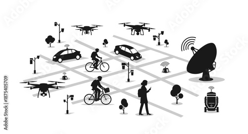 Smart city illustration showing drones, autonomous cars, cyclists, and robots on a grid network