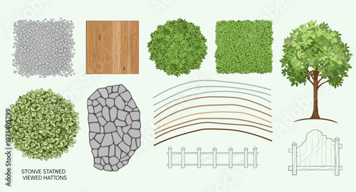 Collection of top-down landscape design elements for architectural visualization and planning