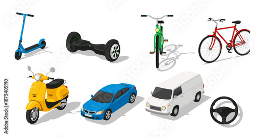 Collection of diverse vehicles and transportation modes on a white background
