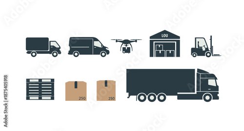 Logistics and delivery icons including trucks, drone, warehouse, forklift, and boxes