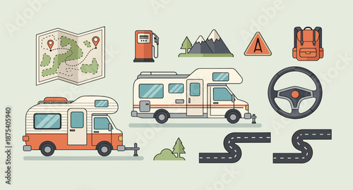 Collection of flat design icons for road trip and camping adventures