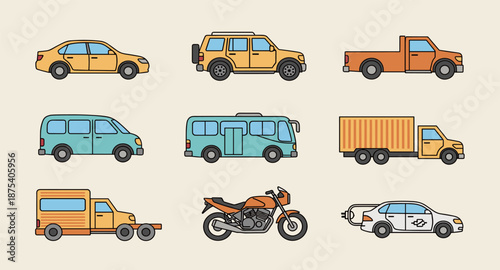 Collection of diverse cartoon vehicles including cars, trucks, bus, and motorcycle