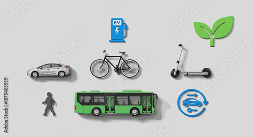 Diverse eco-friendly transportation options including electric car, bicycle, scooter, and bus