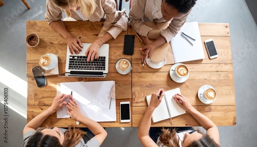 Diverse Women Brainstorming Over Coffee at a Wooden Table