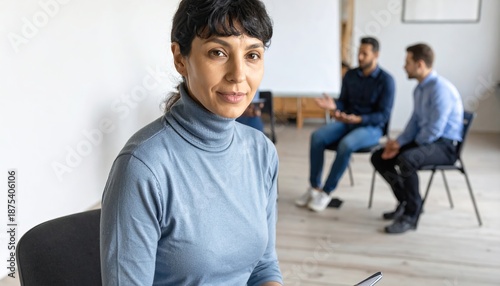 Confident woman in blue turtleneck looking at camera during group therapy session in a bright room.
