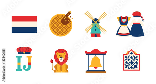 Collection of Dutch cultural icons and symbols in a flat design style