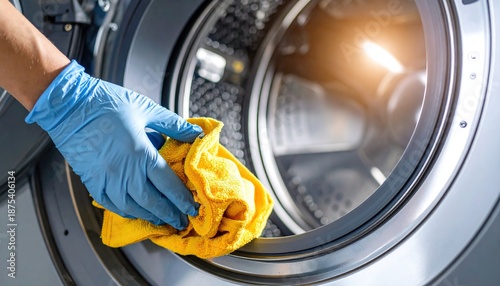 Hand in blue glove cleaning washing machine rubber seal with yellow microfiber cloth for hygiene