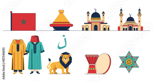 Moroccan cultural symbols and landmarks collection with flag and traditional clothing