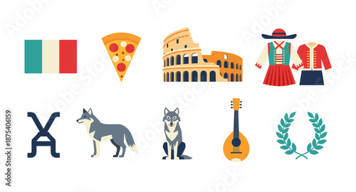 Collection of Italian cultural symbols and landmarks in a flat design style