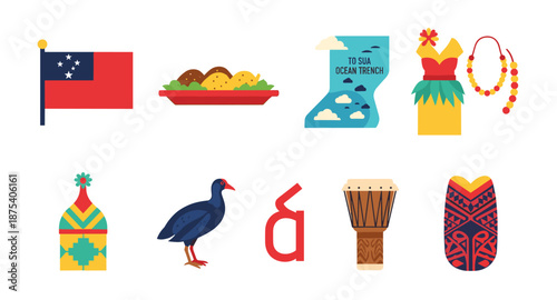 Samoa cultural icons and symbols collection, flat design
