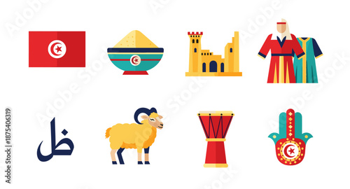 Tunisia cultural symbols and landmarks collection flat design icons
