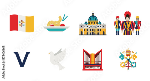 Vatican City icons: flag, food, architecture, guards, organ, and symbols