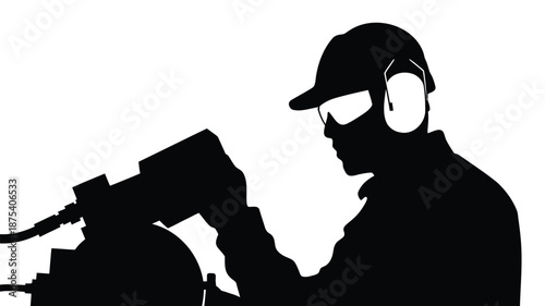 Silhouette of worker in protective gear operating heavy machinery