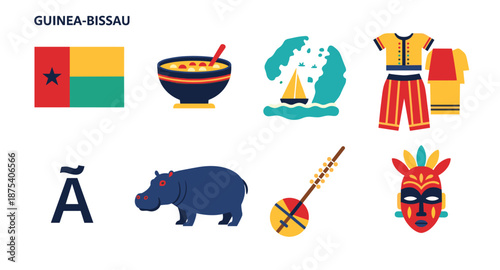 Guinea-Bissau cultural icons including flag, food, boat, clothing, letter, animal, and mask