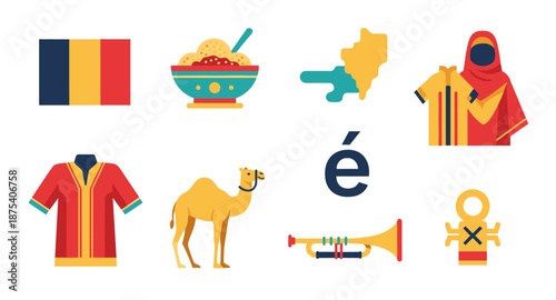 Chad cultural symbols and elements collection with flag and traditional clothing