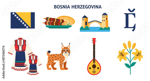 Bosnia Herzegovina cultural symbols and landmarks illustration with flag and traditional clothing