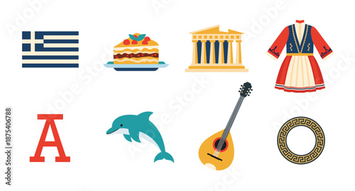 Collection of Greek cultural symbols and landmarks in a flat design style