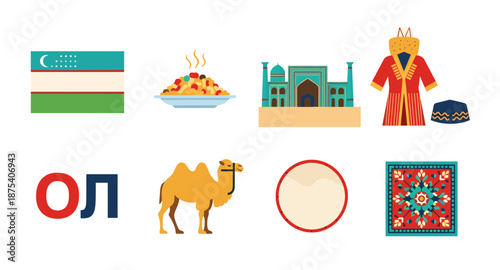 Uzbekistan culture symbols: flag, food, architecture, clothing, camel, and art