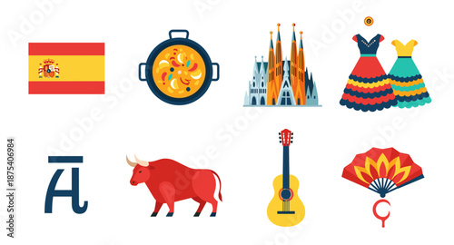 Collection of Spanish cultural icons including flag, food, architecture, and music