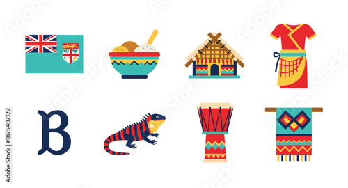 Fiji culture and symbols collection with flag, traditional house, and iguana