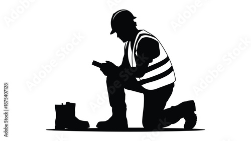Construction worker kneeling with safety gear and phone