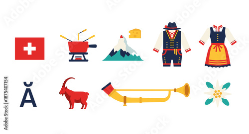 Collection of Swiss cultural icons and symbols on a white background