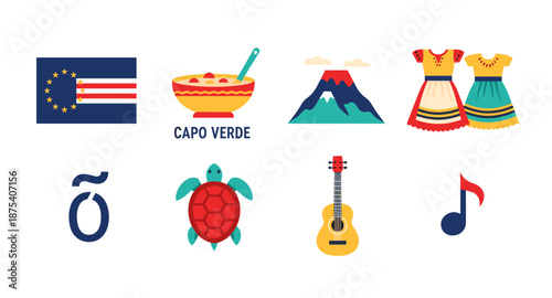 Cape Verde cultural symbols and landmarks illustrated in a flat design style