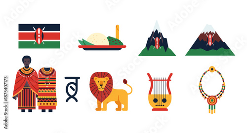 Kenya's cultural symbols including flag, traditional attire, food, mountains, lion, lyre, and jewelry