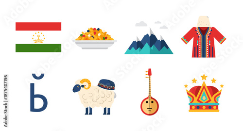 Tajikistan national symbols and cultural elements in a flat design collage