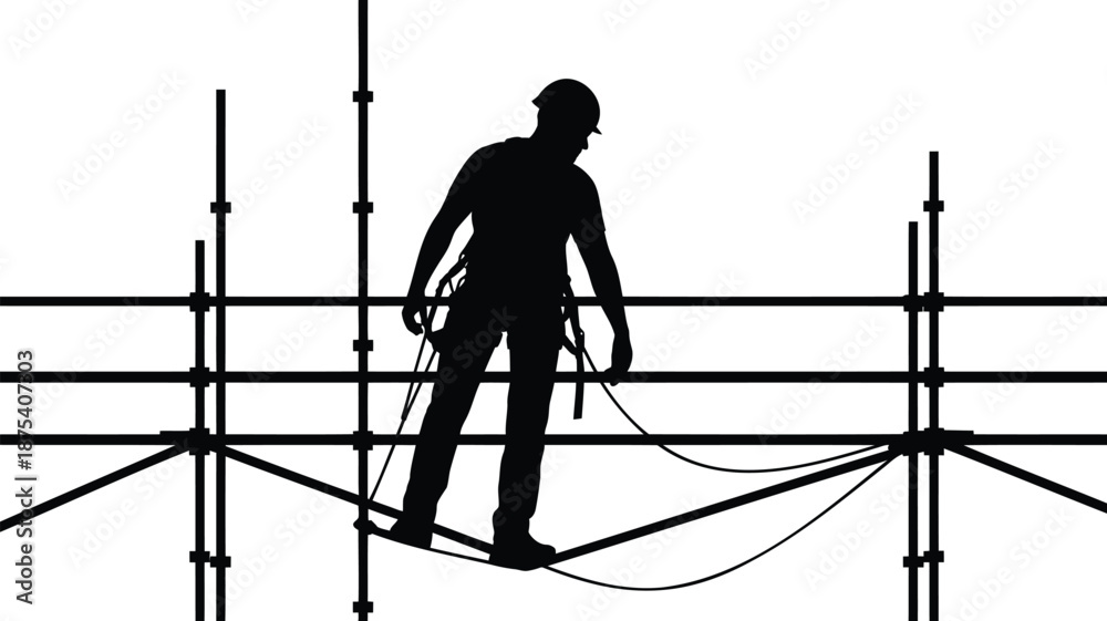 Fototapeta premium Construction worker on scaffolding with safety gear